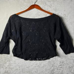 BKE Gothic Black Floral Lace Top Womens L Semi Sheer Blouse of Whimsy Dark Fairy